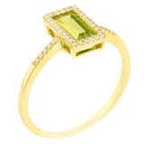 9K SOLID YELLOW GOLD 0.80CT NATURAL EMERALD CUT PERIDOT RING WITH 38 DIAMONDS.