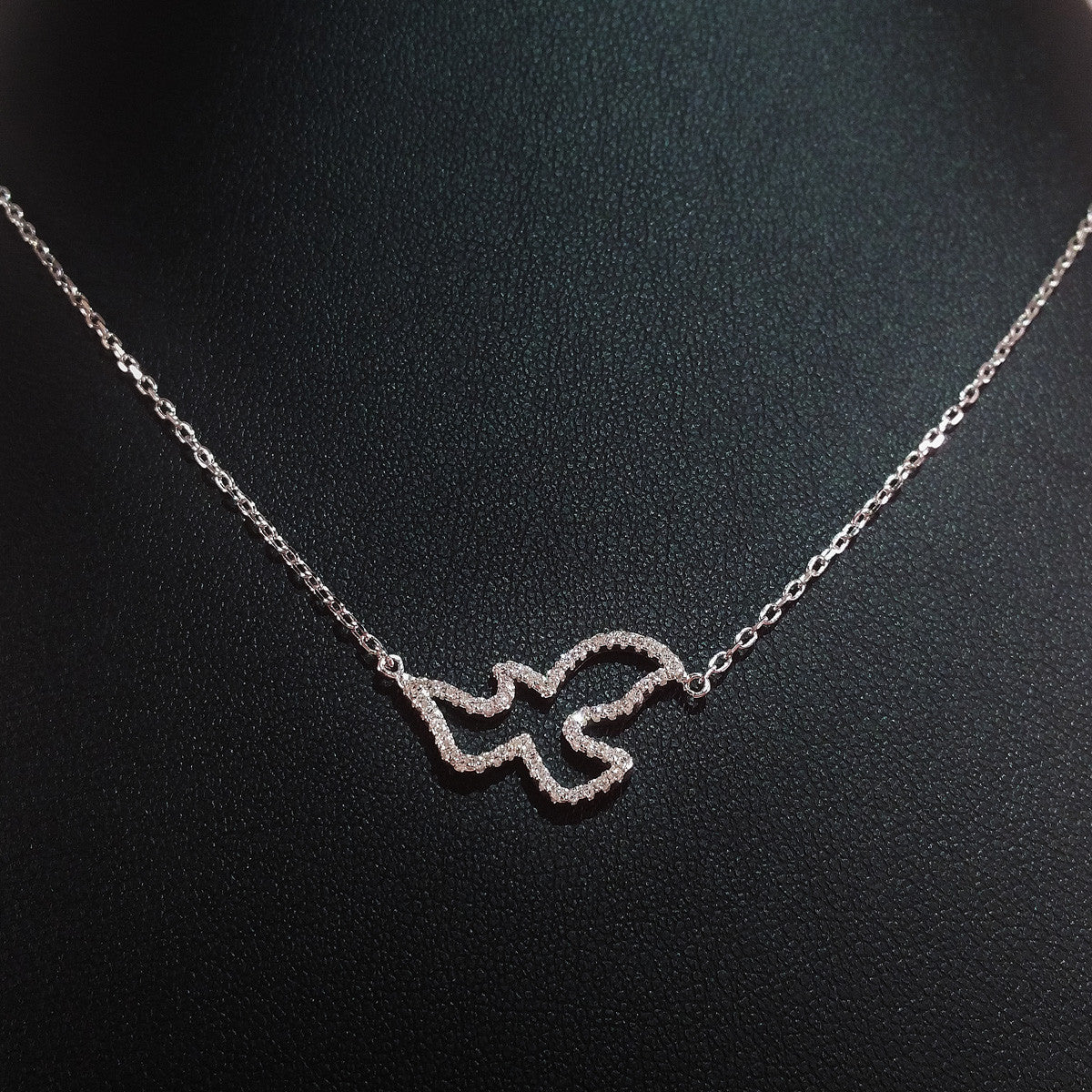 925 STERLING SILVER NECKLACE WITH DOVE PENDANT SET IN SPARKLING CRYSTALS.