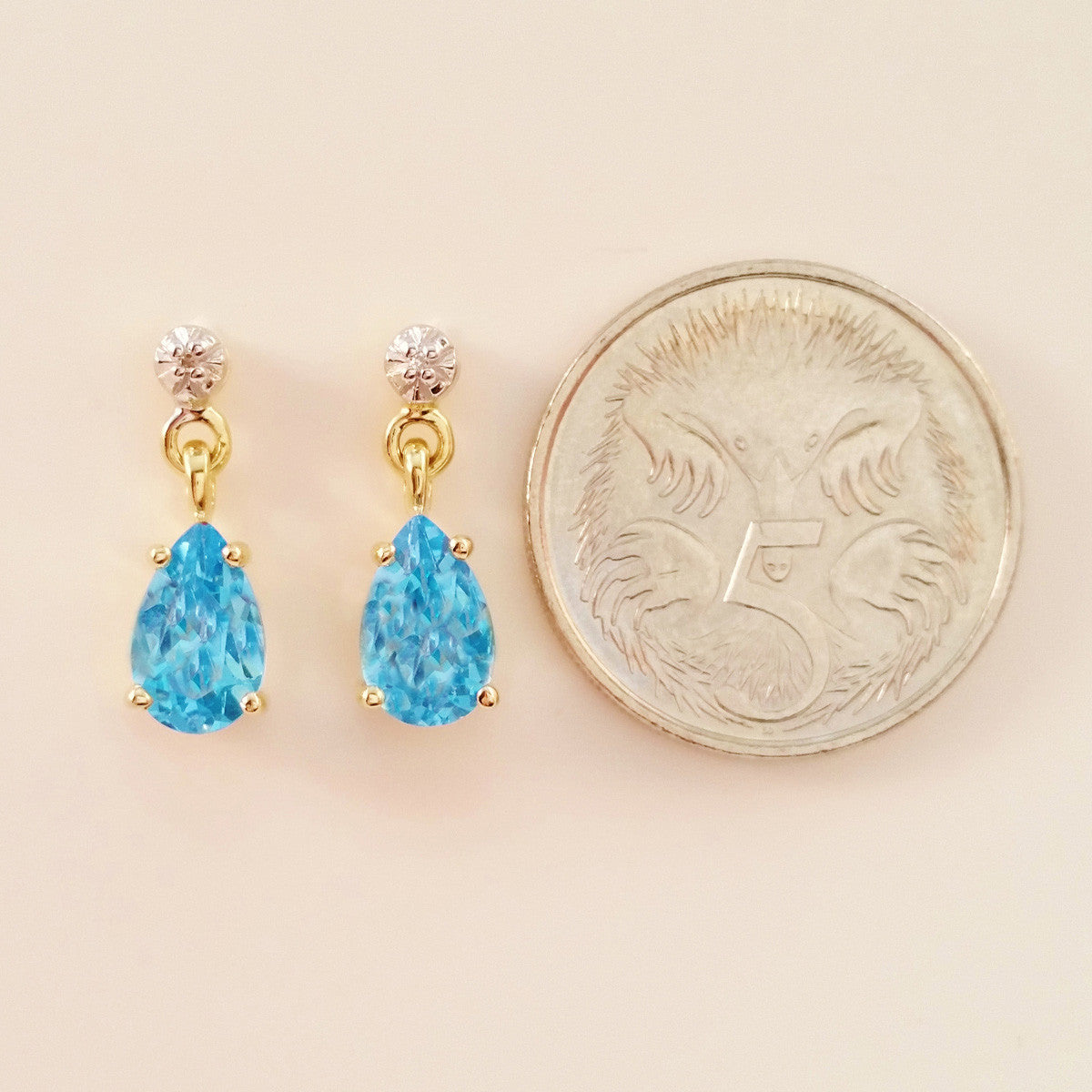9K SOLID GOLD 2.10CT SWISS BLUE TOPAZ AND DIAMOND EARRINGS.