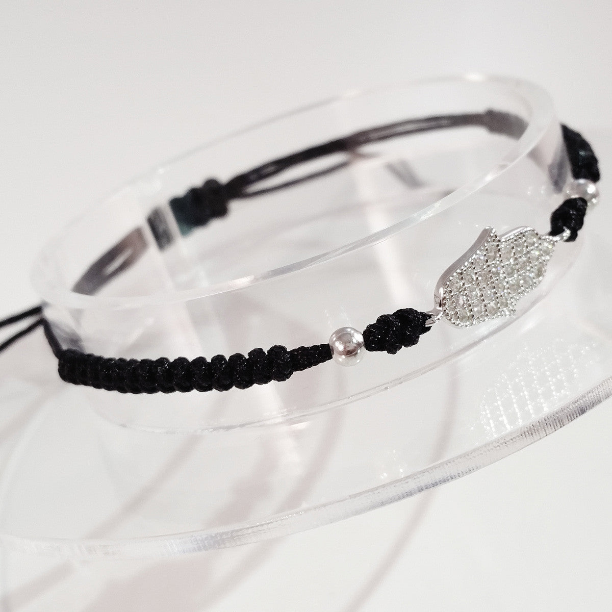 925 STERLING SILVER CZ CRYSTAL HAMSA HAND ON THREADED BRAIDED BRACELET.