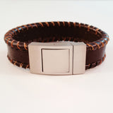 MEN'S BROWN OUTER BRAIDED COW HIDE LEATHER BRACELET WITH BRUSHED STAINLESS STEEL CLASP