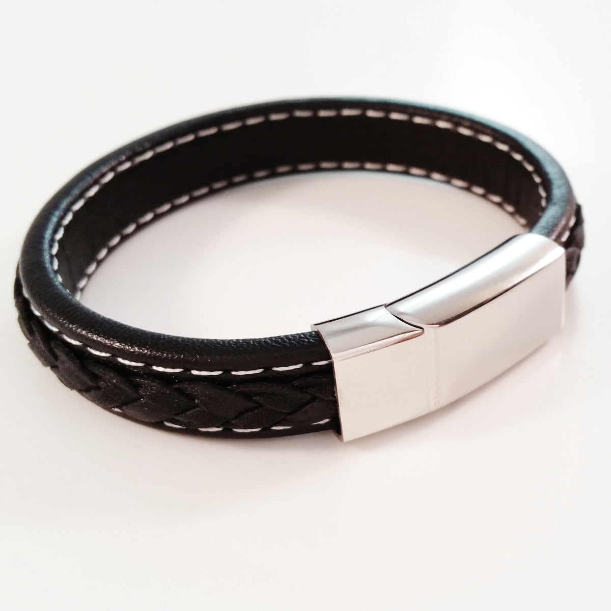 MEN'S BLACK COW HIDE LEATHER BRACELET WITH POLISHED STAINLESS STEEL CLASP