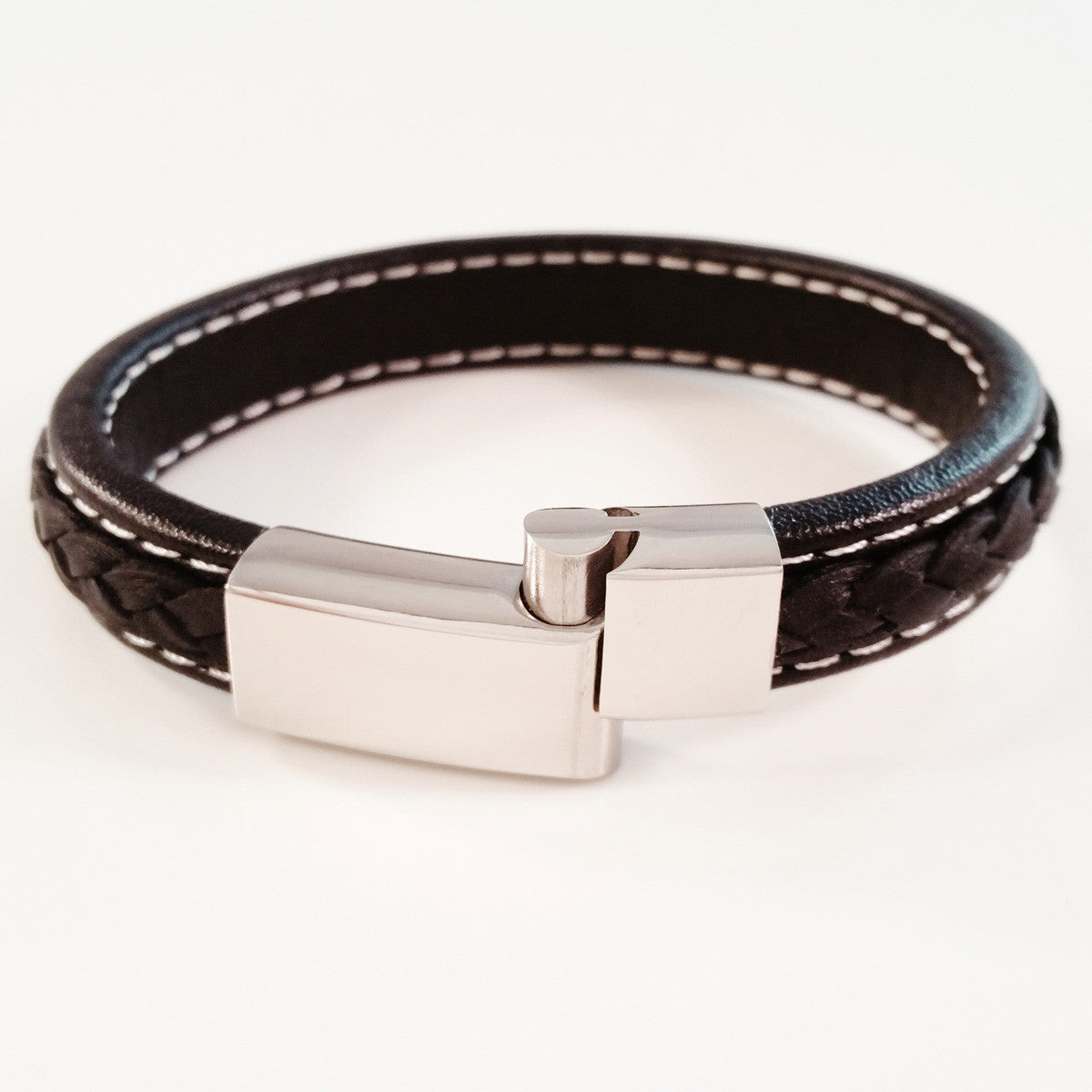 MEN'S BLACK COW HIDE LEATHER BRACELET WITH POLISHED STAINLESS STEEL CLASP