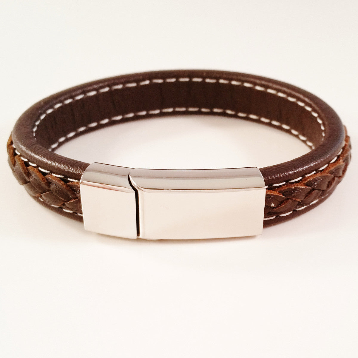 MEN'S DARK BROWN COW HIDE LEATHER BRACELET WITH POLISHED STAINLESS STEEL CLASP