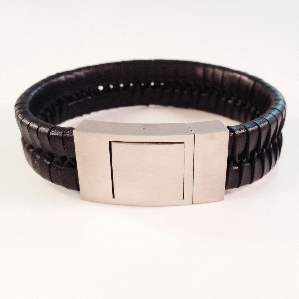 MEN'S BLACK BRAIDED COW HIDE LEATHER BRACELET WITH BRUSHED STAINLESS STEEL CLASP