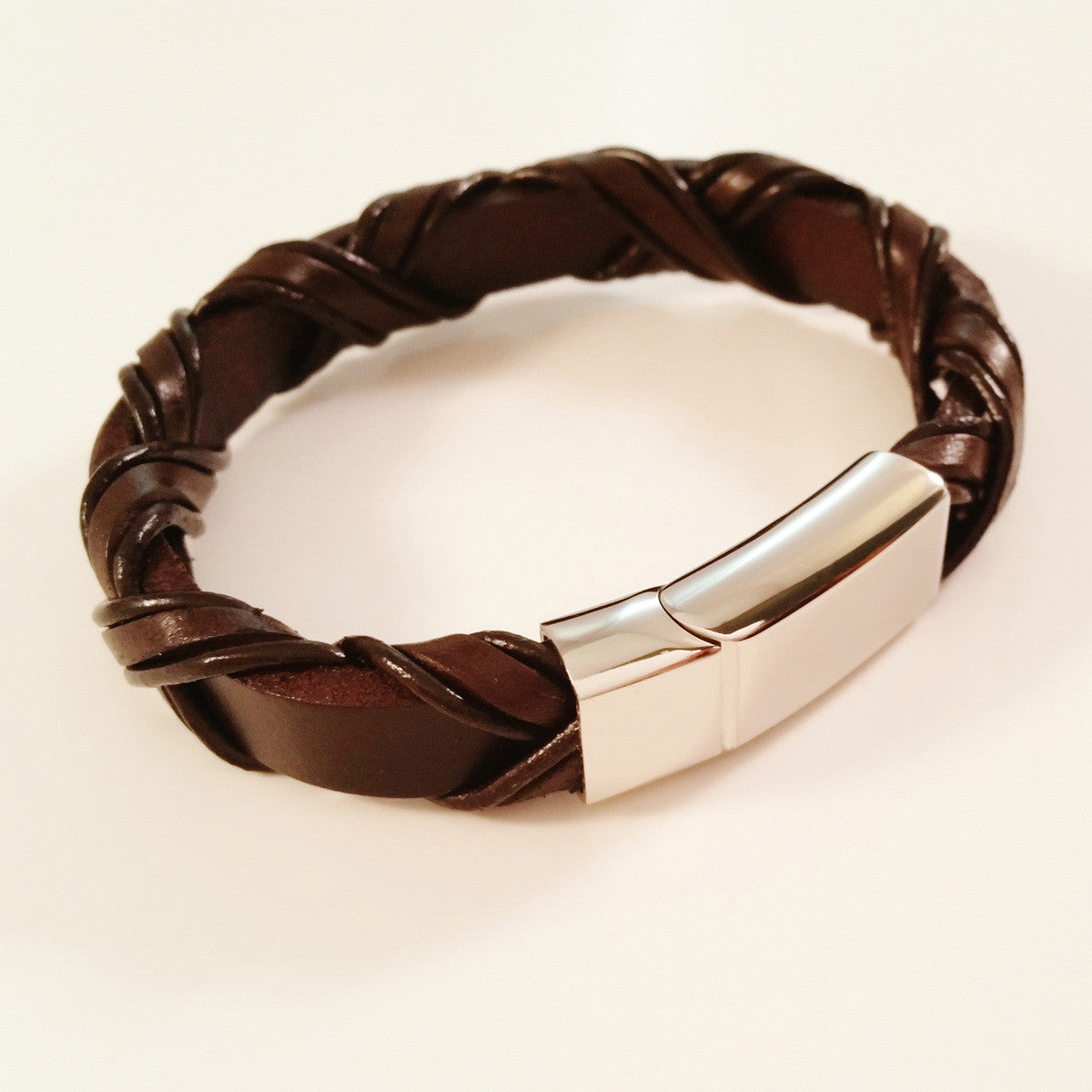 MEN'S BROWN BRAIDED WRAP COW HIDE LEATHER BRACELET WITH POLISHED STAINLESS STEEL CLASP