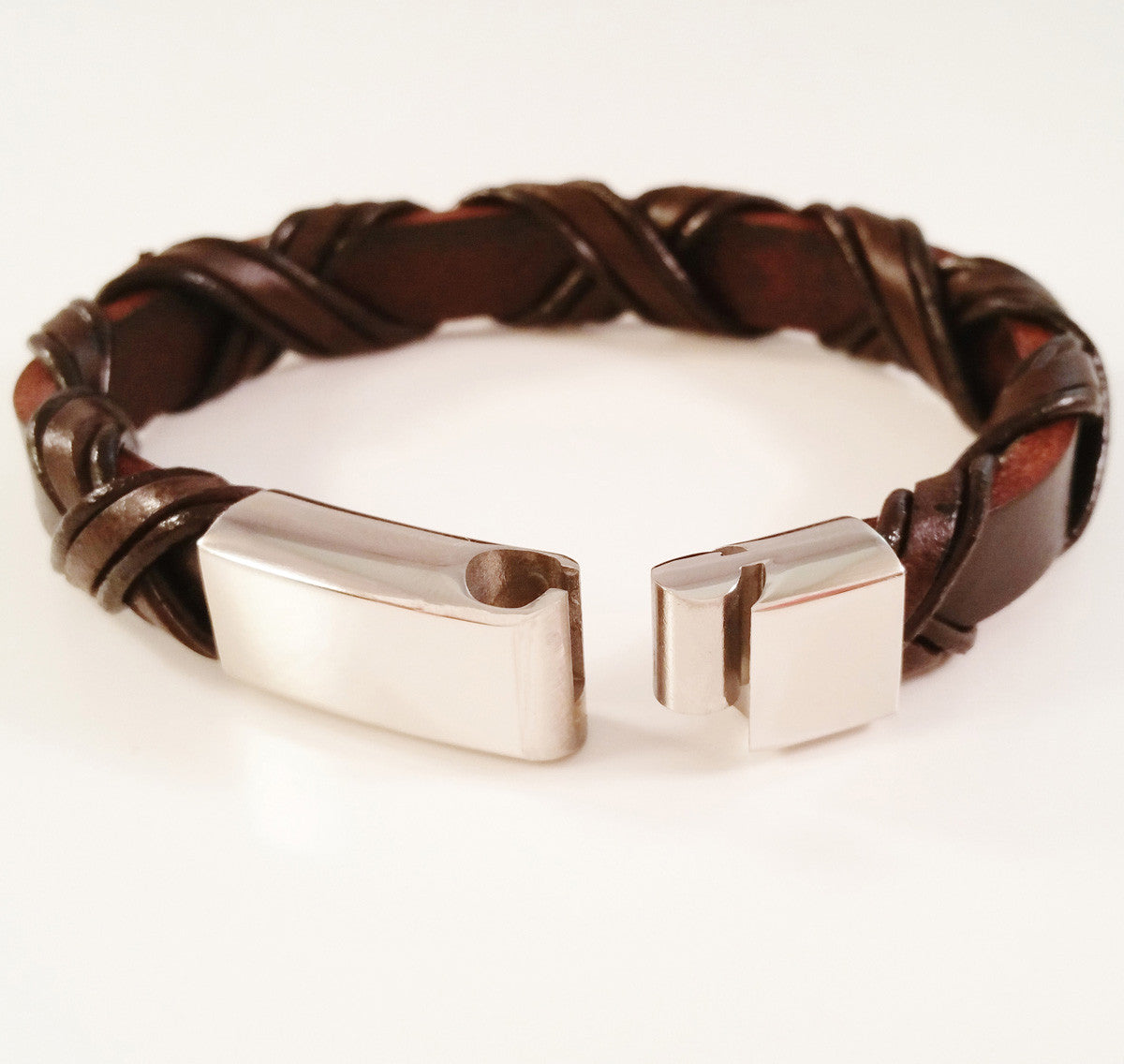 MEN'S BROWN BRAIDED WRAP COW HIDE LEATHER BRACELET WITH POLISHED STAINLESS STEEL CLASP