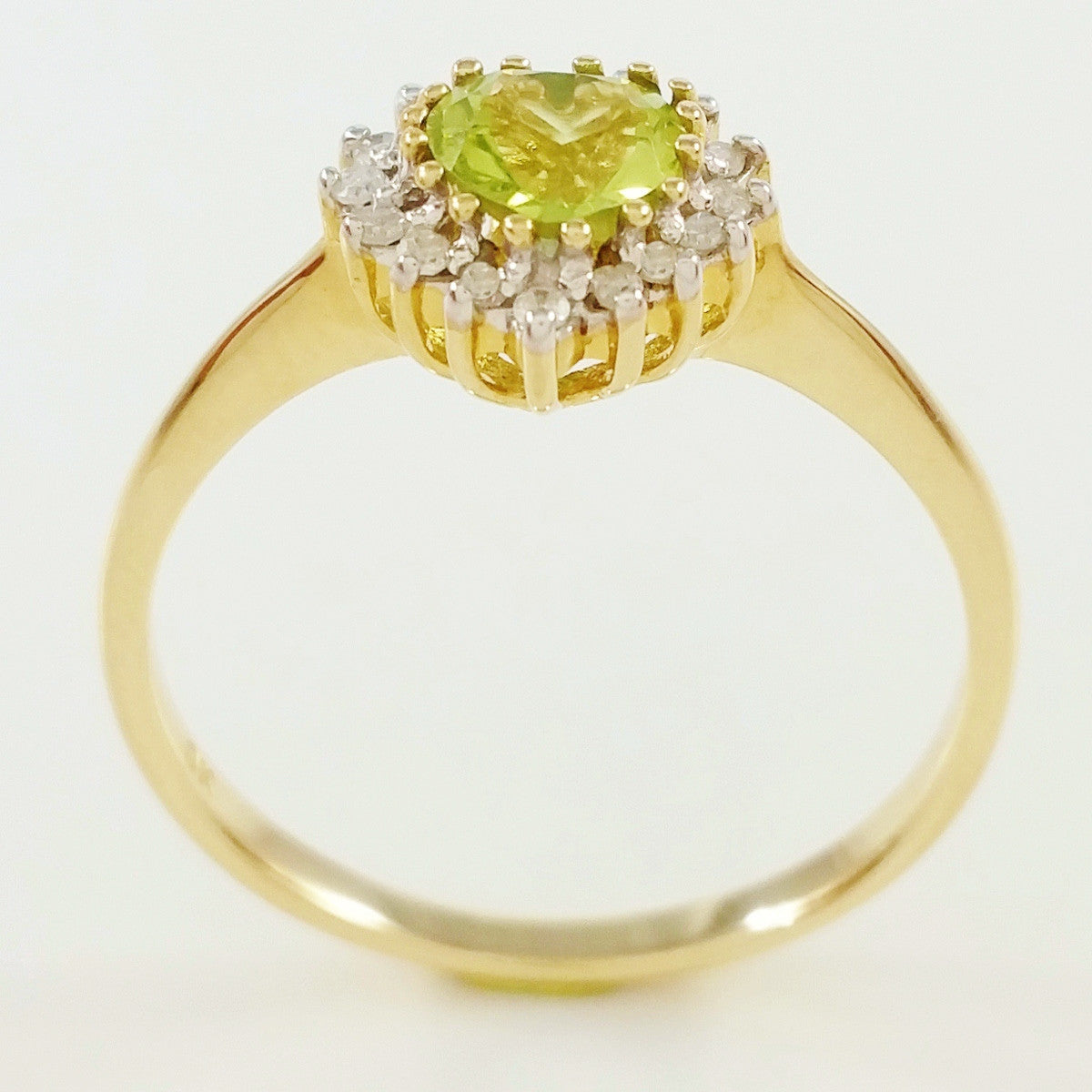 HANDMADE 9K SOLID YELLOW GOLD 0.55CT HEART CUT PERIDOT AND 16 DIAMOND RING.