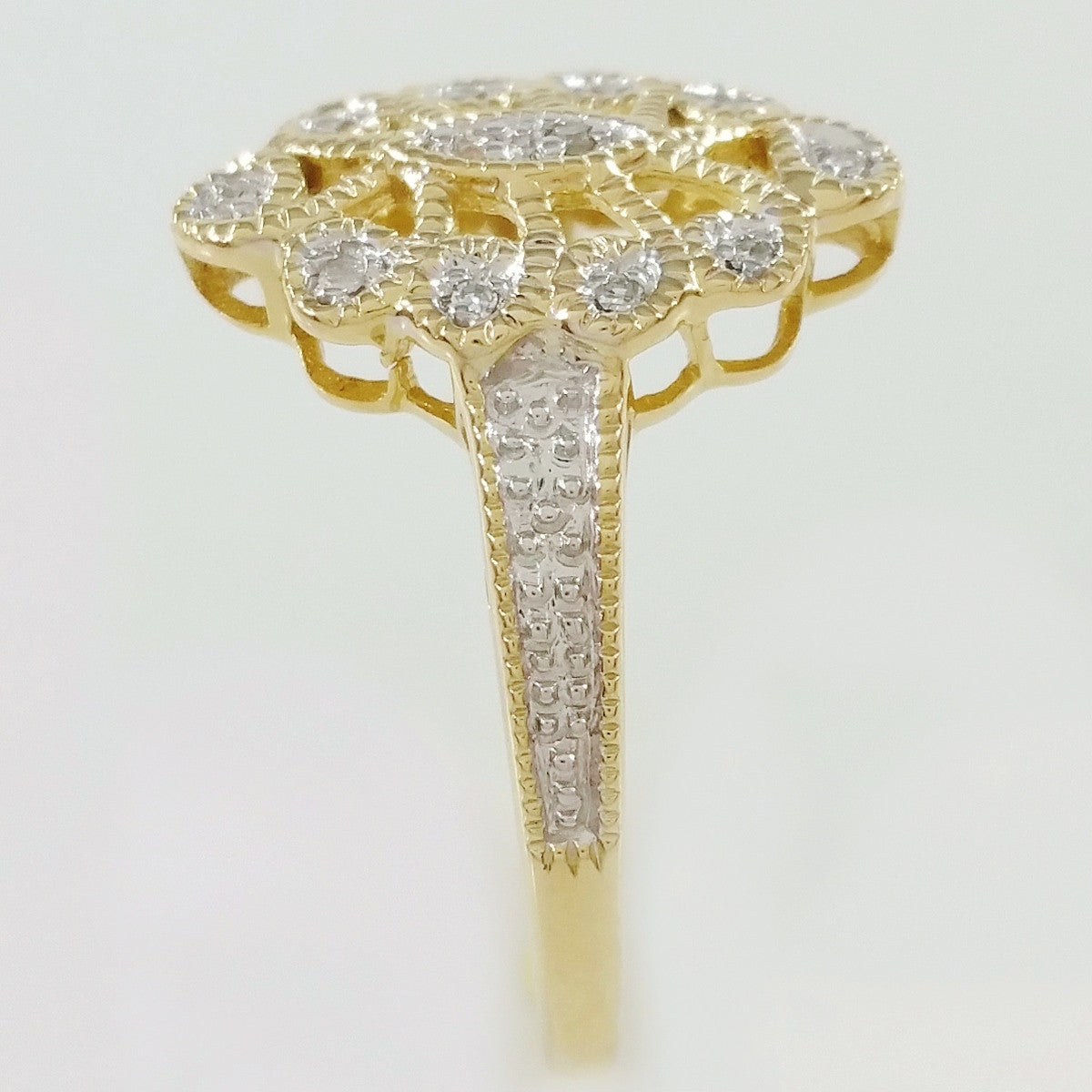 9K SOLID GOLD ART DECO INSPIRED NAVETTE RING WITH 12 DIAMONDS.