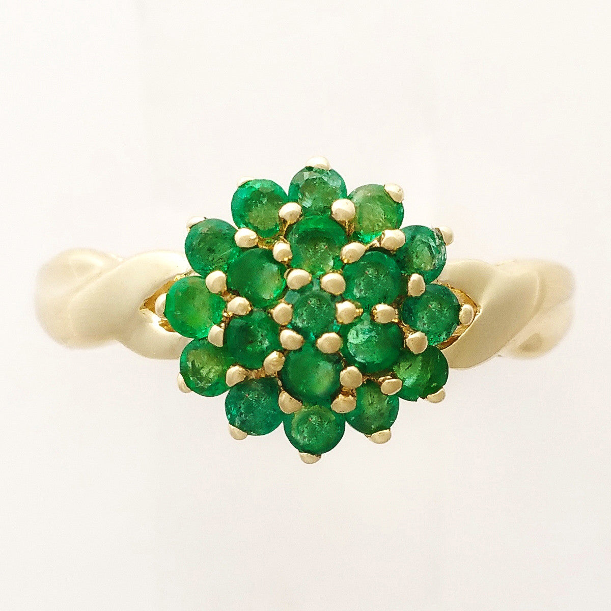 HANDMADE 9K SOLID YELLOW GOLD NATURAL 19 EMERALD CLUSTER RING.