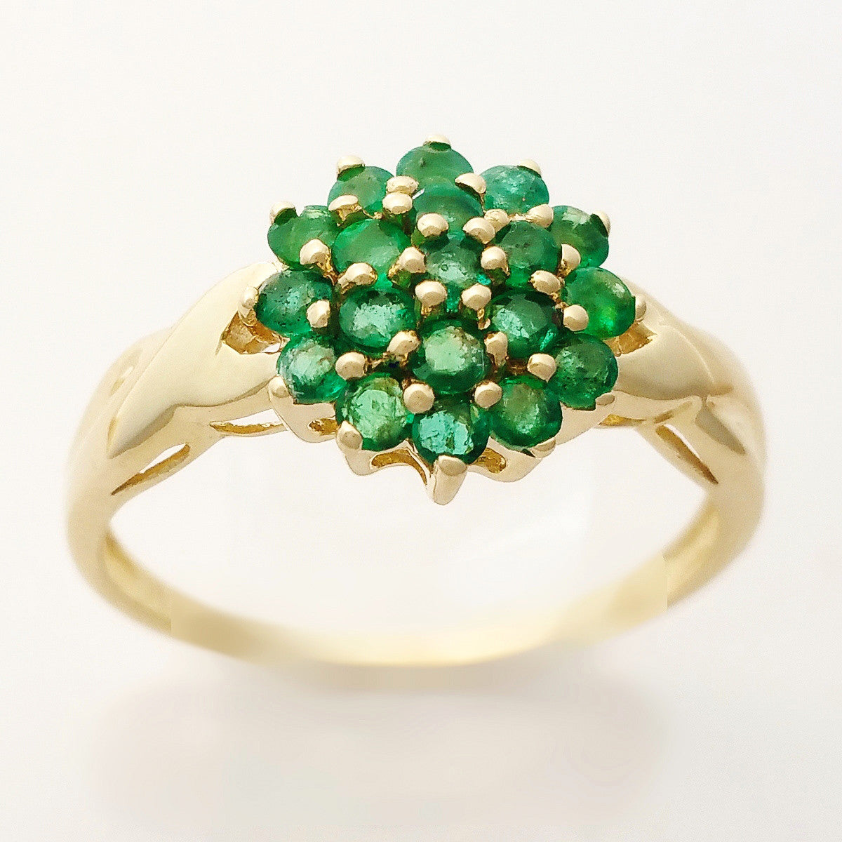 HANDMADE 9K SOLID YELLOW GOLD NATURAL 19 EMERALD CLUSTER RING.