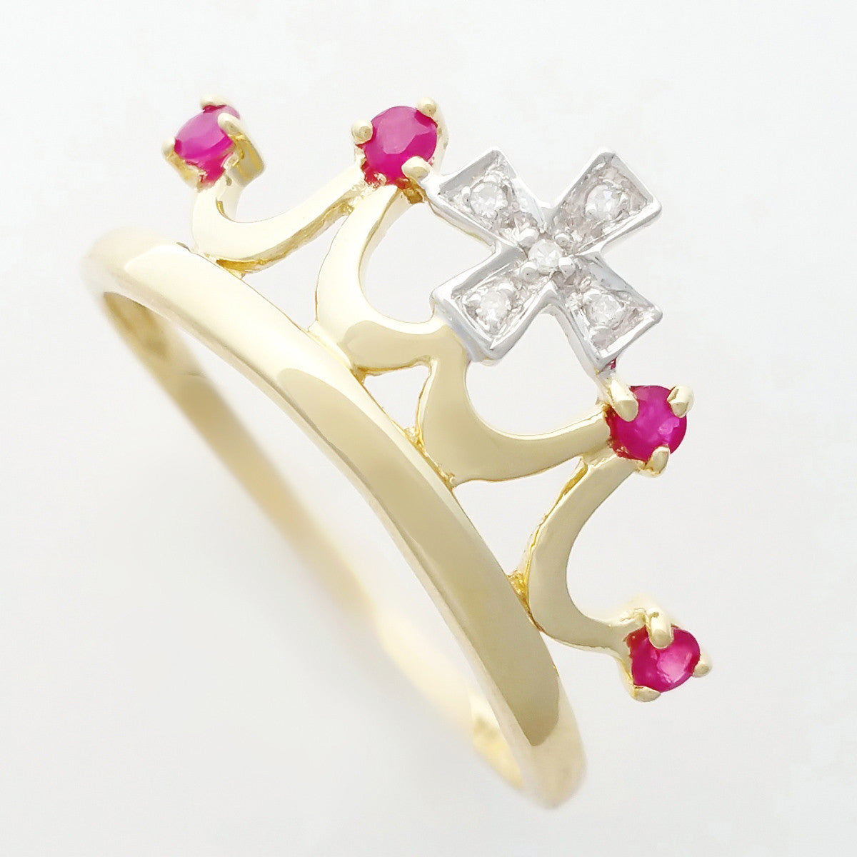 9K SOLID 0.15CT NATURAL RUBY QUEEN CROWN RING WITH 5 DIAMONDS.