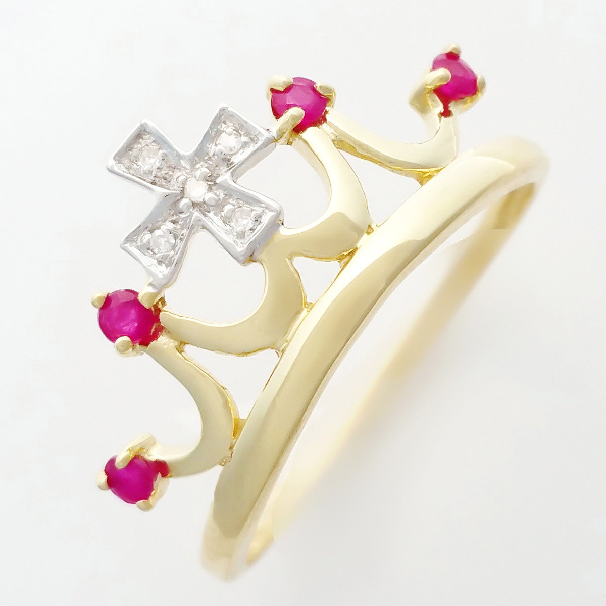 9K SOLID 0.15CT NATURAL RUBY QUEEN CROWN RING WITH 5 DIAMONDS.