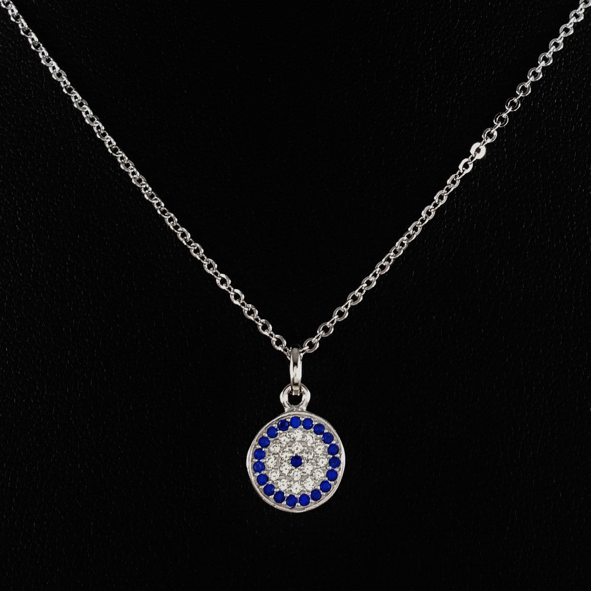 925 STERLING SILVER NECKLACE WITH ROUND EVIL EYE PENDANT SET IN SPARKLING CRYSTALS.