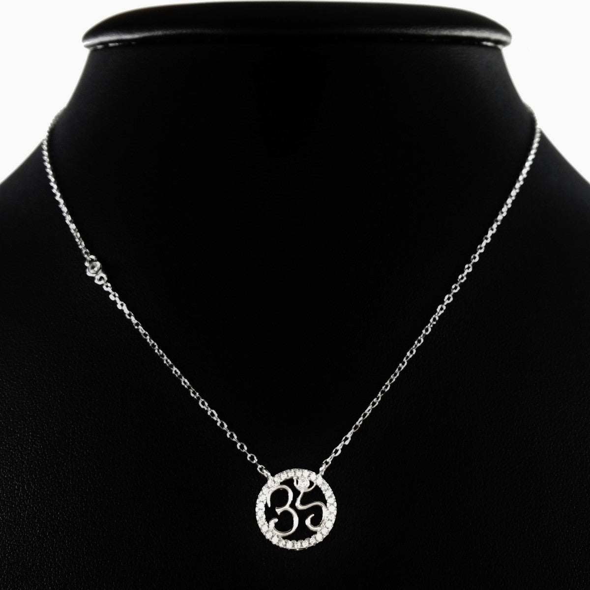 925 STERLING SILVER NECKLACE WITH OM NAMASTE PENDANT SET IN SPARKLING CRYSTALS.