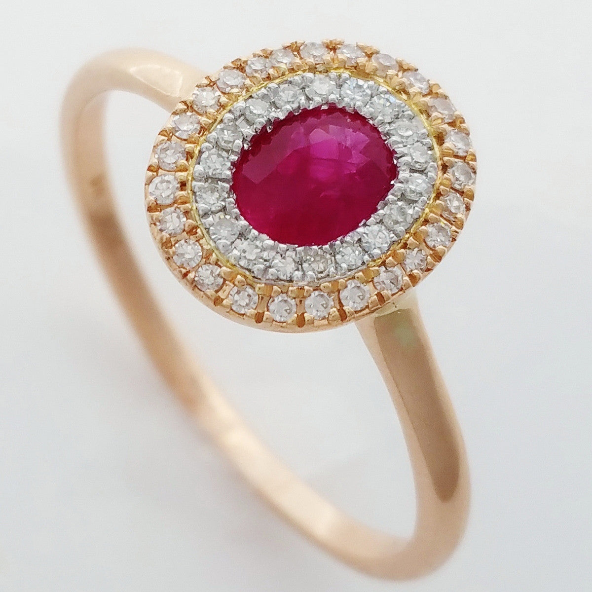 9K SOLID ROSE GOLD 0.55CT NATURAL RUBY HALO RING WITH 43 DIAMONDS.