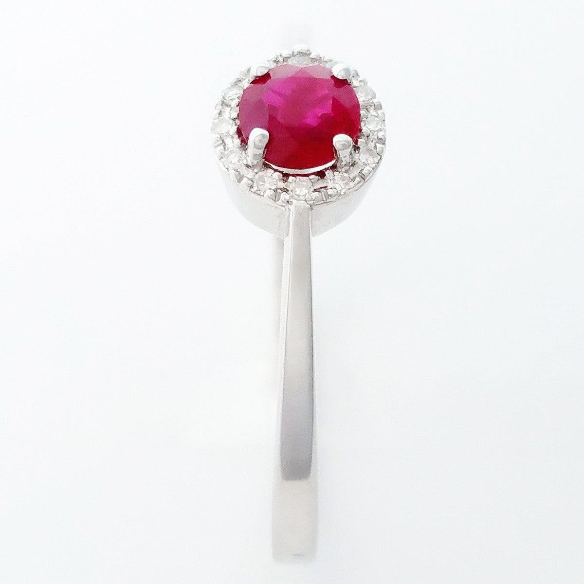 9K SOLID WHITE GOLD 0.30CT NATURAL RUBY HALO RING WITH 12 DIAMONDS.