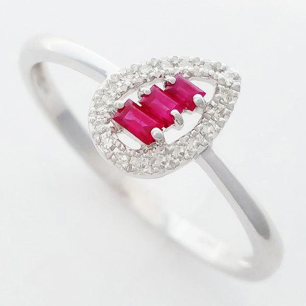 9K SOLID WHITE GOLD NATURAL BAGUETTE RUBY RING WITH 18 DIAMONDS.