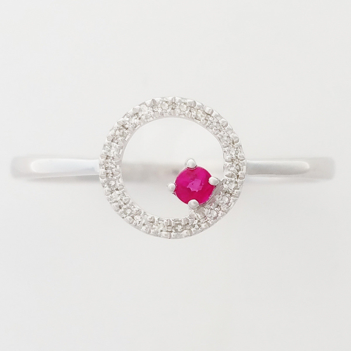 9K SOLID WHITE GOLD PETITE NATURAL RUBY HALO RING WITH 22 DIAMONDS.
