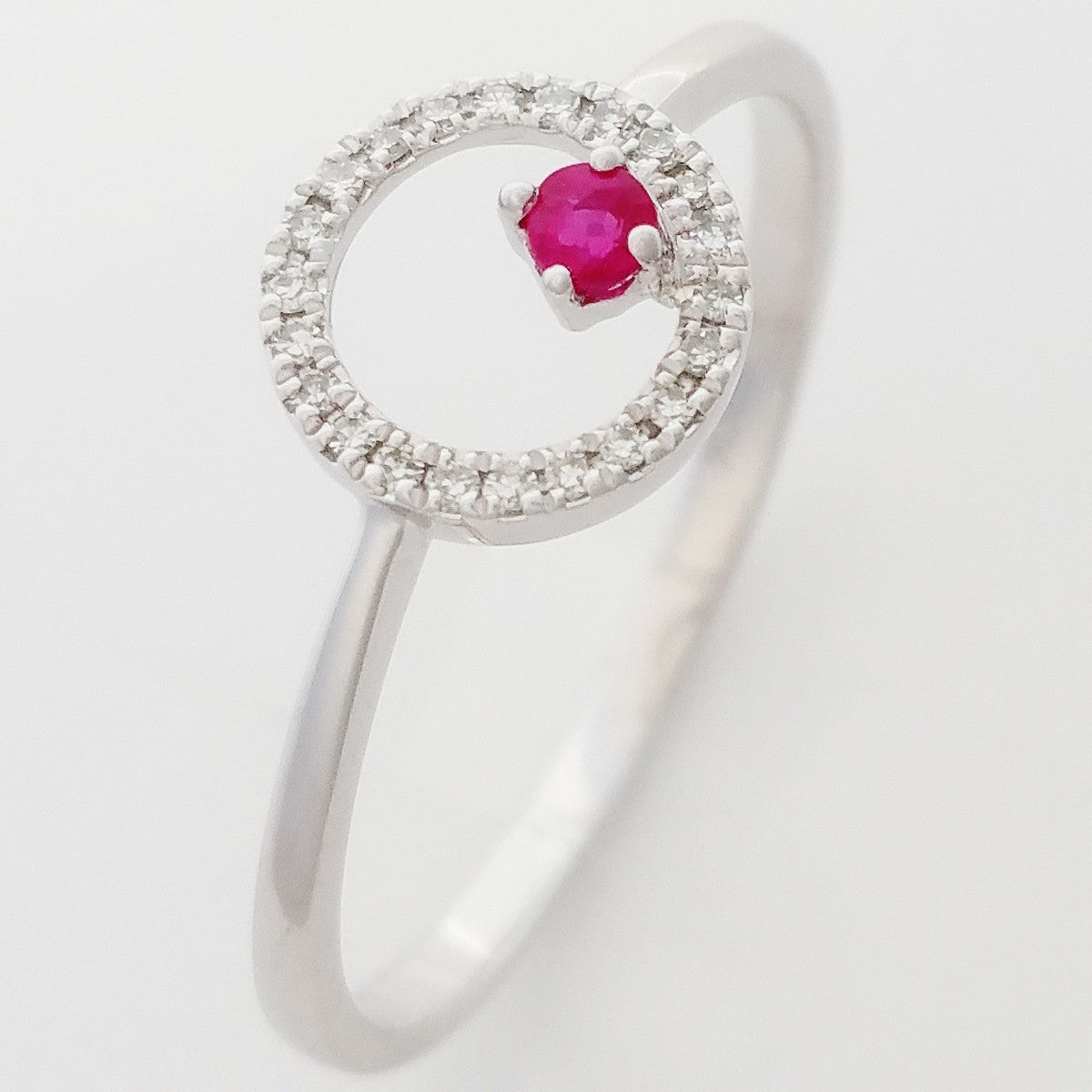 9K SOLID WHITE GOLD PETITE NATURAL RUBY HALO RING WITH 22 DIAMONDS.