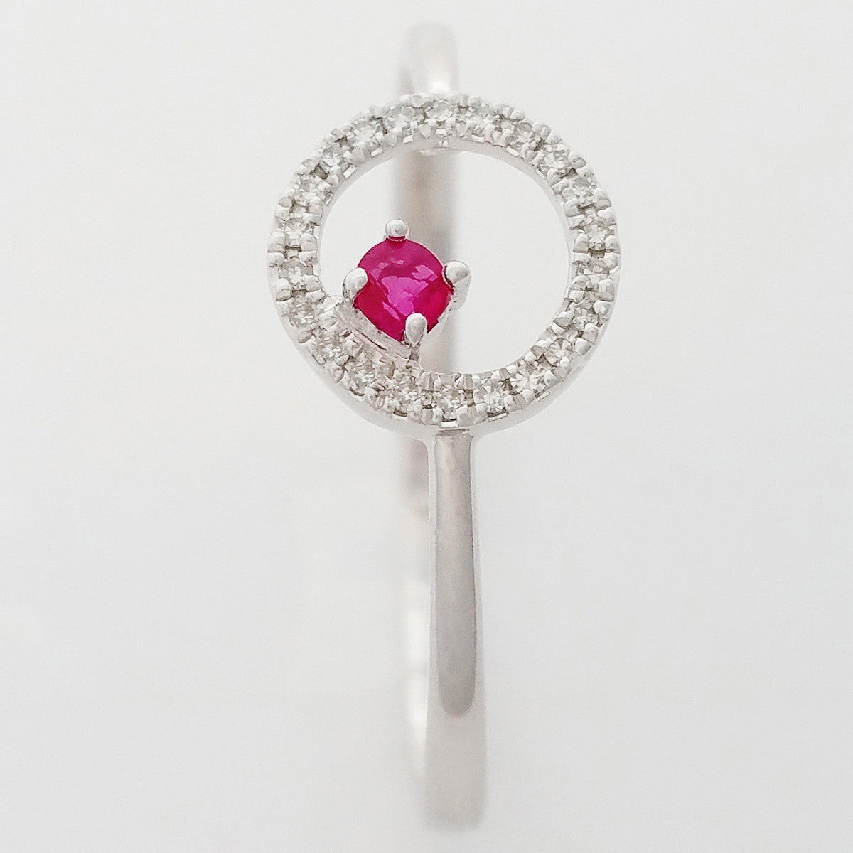 9K SOLID WHITE GOLD PETITE NATURAL RUBY HALO RING WITH 22 DIAMONDS.