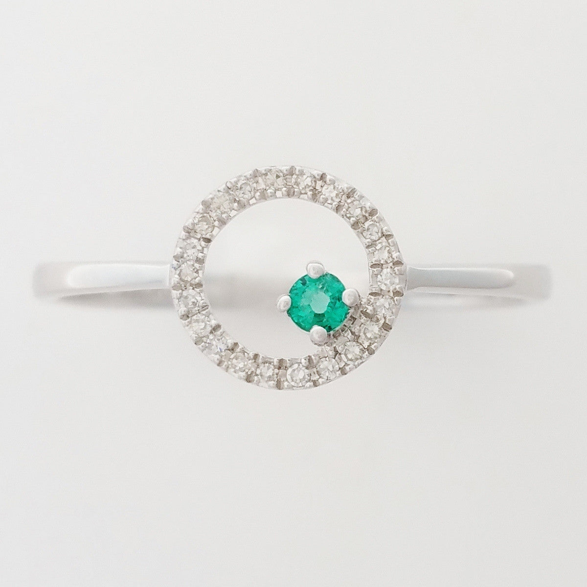 9K SOLID WHITE GOLD PETITE NATURAL EMERALD HALO RING WITH 22 DIAMONDS.