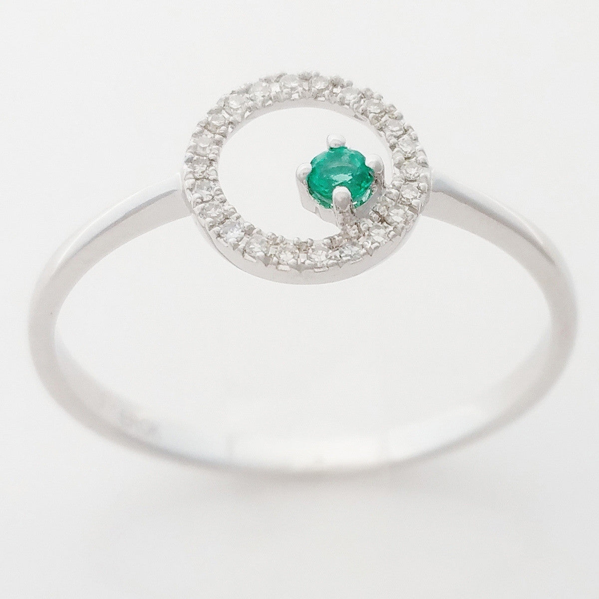 9K SOLID WHITE GOLD PETITE NATURAL EMERALD HALO RING WITH 22 DIAMONDS.