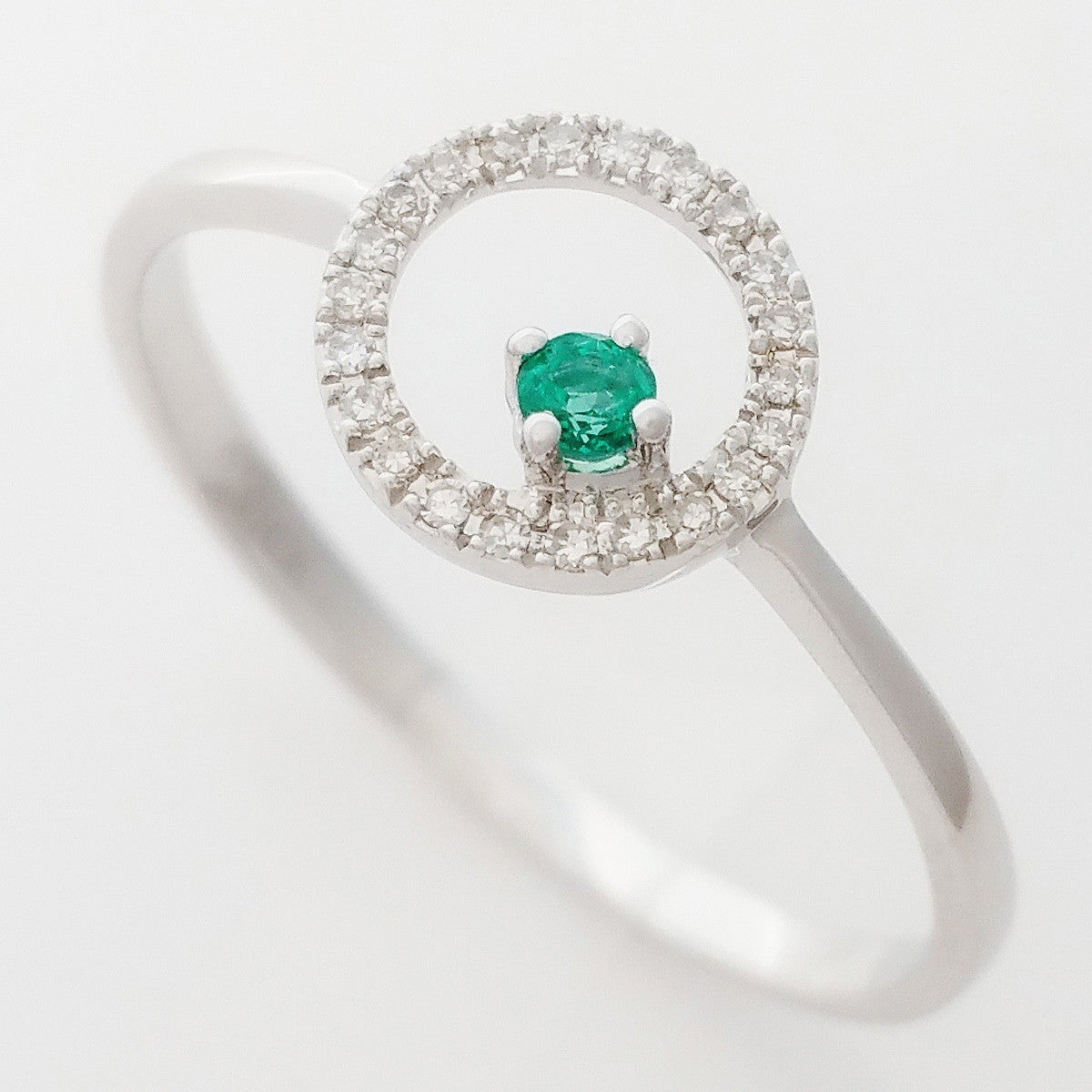 9K SOLID WHITE GOLD PETITE NATURAL EMERALD HALO RING WITH 22 DIAMONDS.