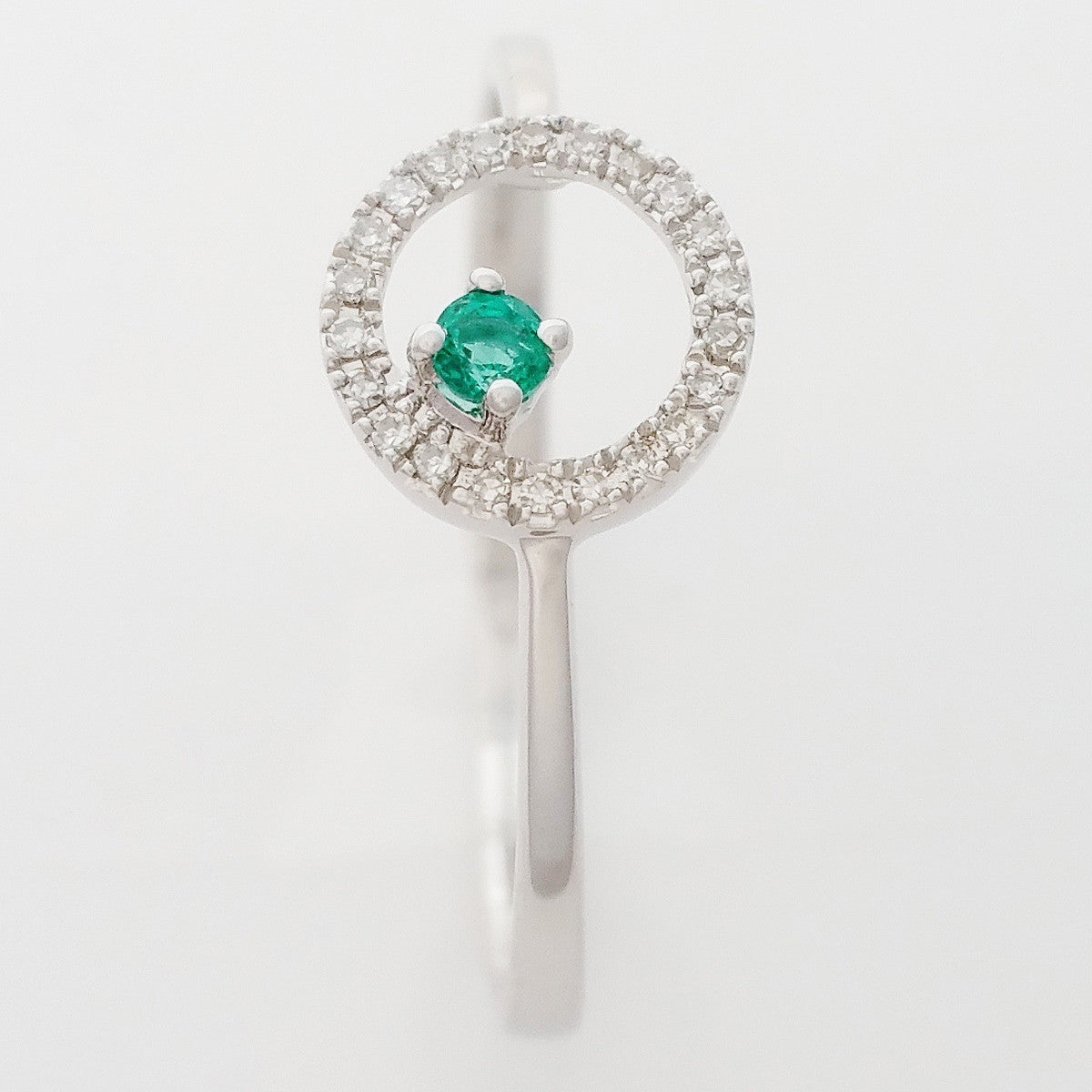 9K SOLID WHITE GOLD PETITE NATURAL EMERALD HALO RING WITH 22 DIAMONDS.