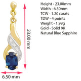 9K SOLID GOLD 1.20CT NATURAL BLUE SAPPHIRE AND 6 DIAMOND DROP DANGLE EARRINGS.