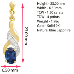 9K SOLID GOLD 1.20CT NATURAL BLUE SAPPHIRE AND 6 DIAMOND DROP DANGLE EARRINGS.