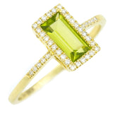 9K SOLID YELLOW GOLD 0.80CT NATURAL EMERALD CUT PERIDOT RING WITH 38 DIAMONDS.