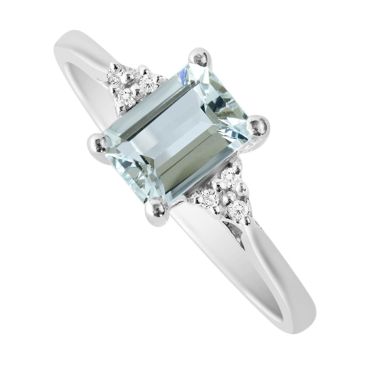9K SOLID WHITE GOLD 0.90CT NATURAL EMERALD CUT AQUAMARINE + 6 DIAMOND RING.