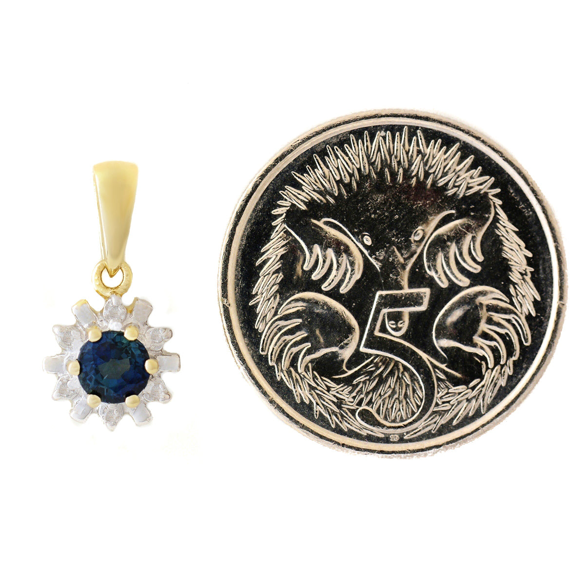 HANDMADE 9K SOLID GOLD 0.30CT NATURAL BLUE SAPPHIRE PENDANT WITH 6 DIAMONDS.