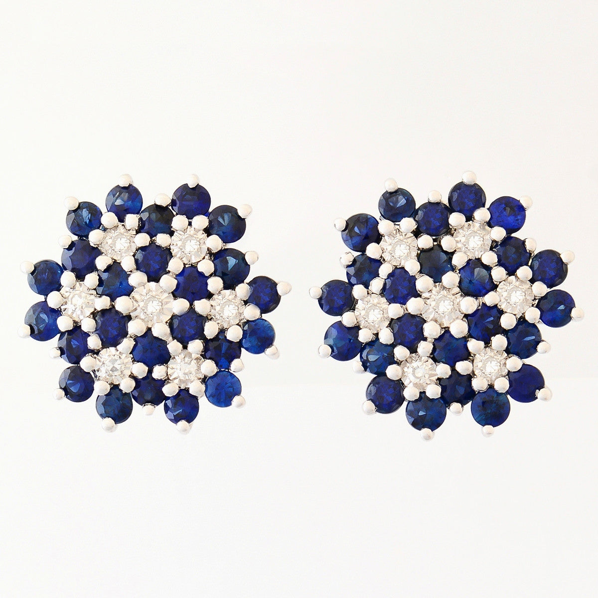 9K SOLID WHITE GOLD 1.30CT NATURAL SAPPHIRE CLUSTER EARRINGS WITH 14 DIAMONDS.