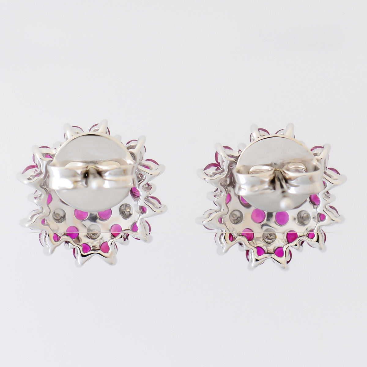 9K SOLID WHITE GOLD 1.20CT NATURAL RUBY CLUSTER EARRINGS WITH 14 DIAMONDS.