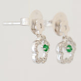 9K SOLID WHITE GOLD FLORAL INSPIRED NATURAL EMERALD EARRINGS WITH 40 DIAMONDS.