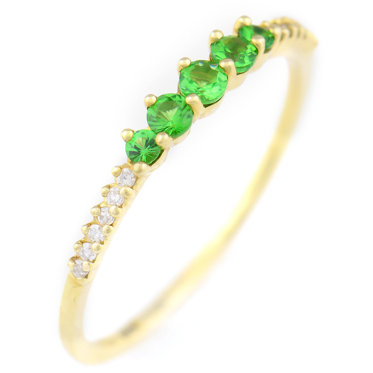 9K SOLID GOLD 0.30CT NATURAL GREEN GARNET RING WITH 12 DIAMONDS.