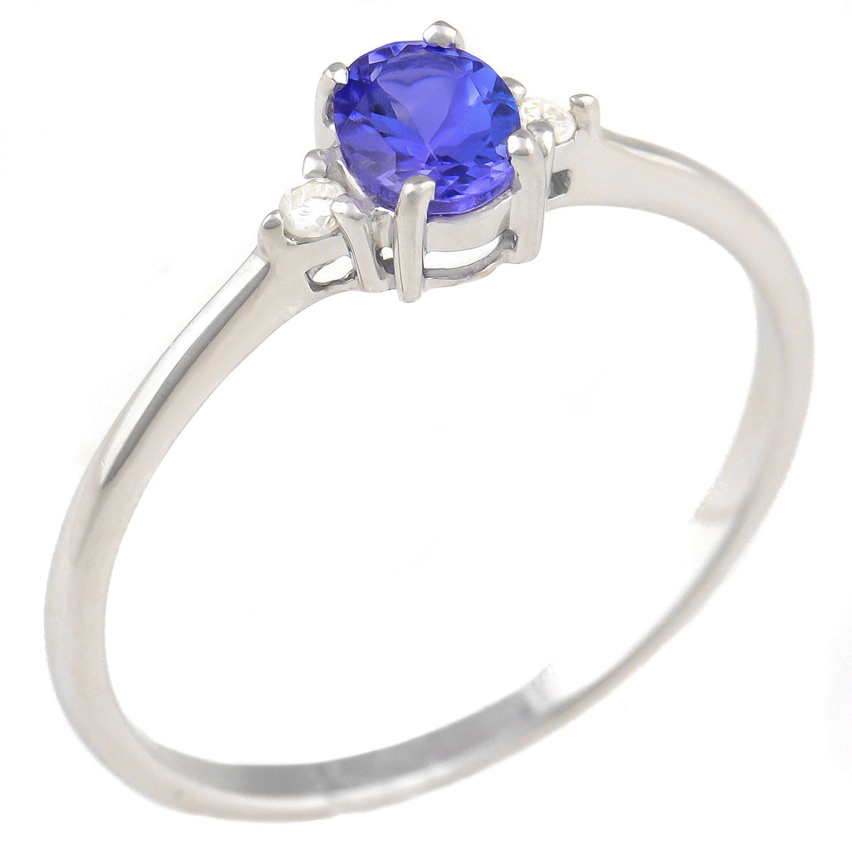 9K SOLID WHITE GOLD 0.30CT NATURAL OVAL TANZANITE RING WITH 2 DIAMONDS.