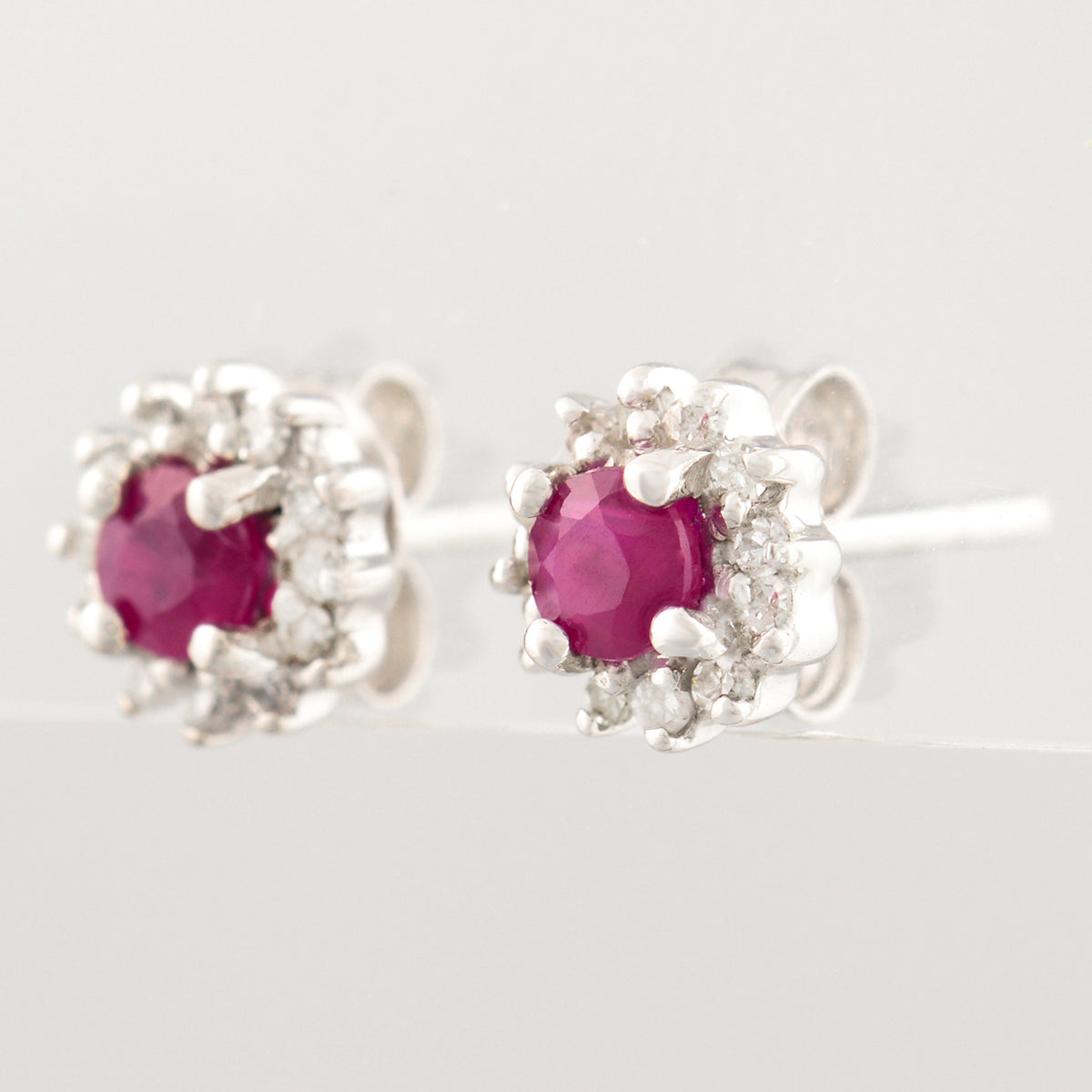 HANDMADE 9K SOLID GOLD 0.35CT NATURAL RUBY STUD EARRINGS WITH 24 DIAMONDS.