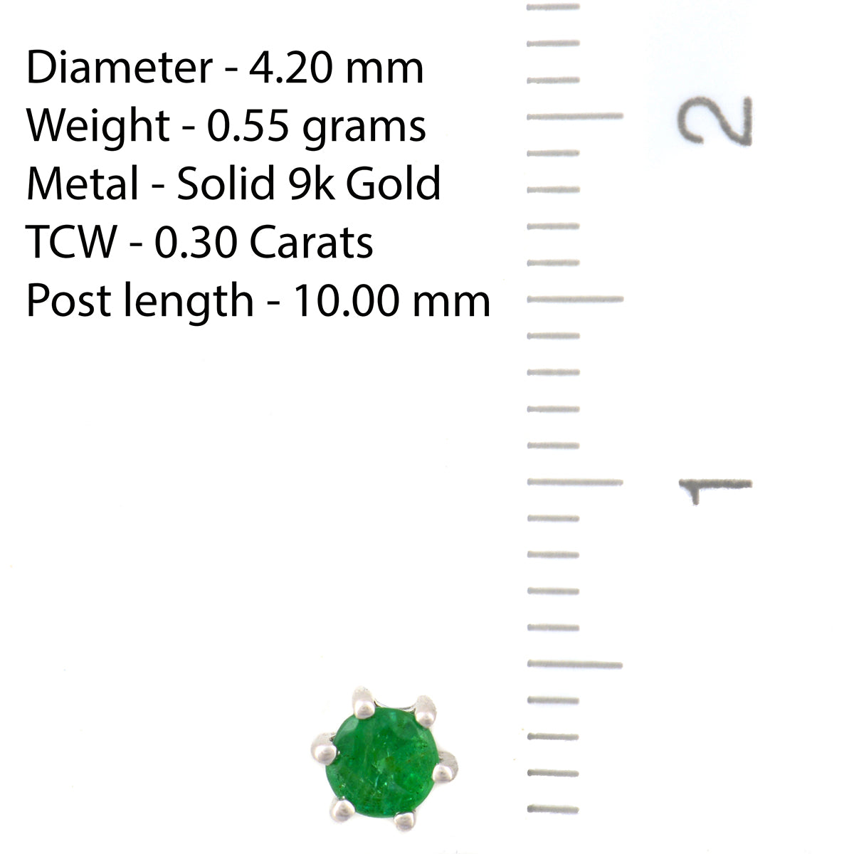 9K SOLID WHITE GOLD 0.30CT NATURAL EMERALD CLASSIC STUD EARRINGS.