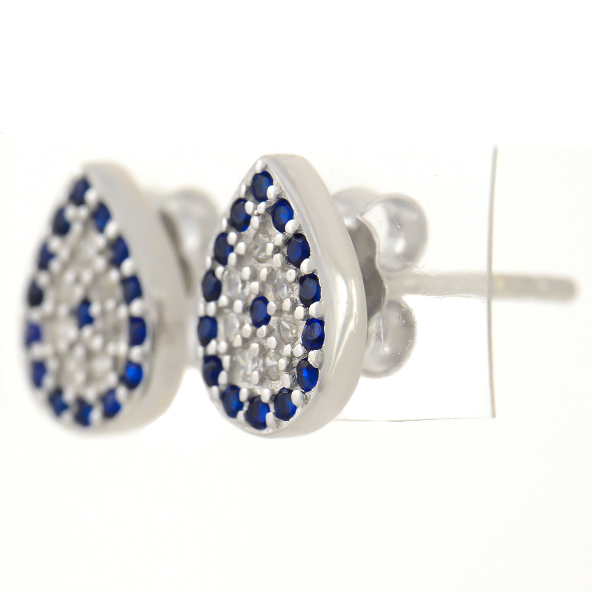 925 STERLING SILVER EVIL EYE PEAR SHAPE CRYSTAL STUD EARRINGS.