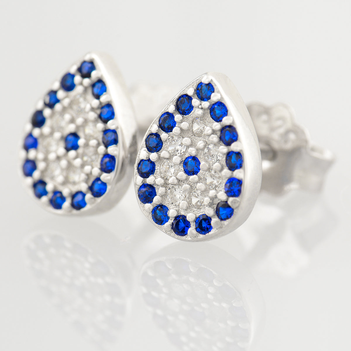 925 STERLING SILVER EVIL EYE PEAR SHAPE CRYSTAL STUD EARRINGS.