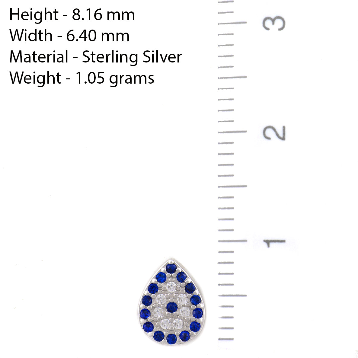 925 STERLING SILVER EVIL EYE PEAR SHAPE CRYSTAL STUD EARRINGS.