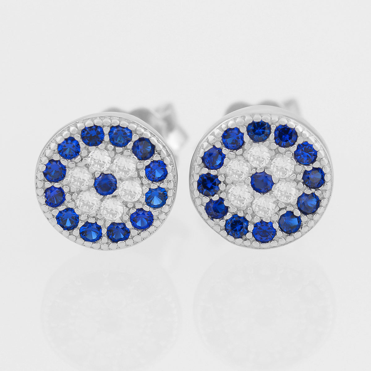925 STERLING SILVER EVIL EYE MATI NAZAR ROUND KARMA CRYSTAL STUD EARRINGS.
