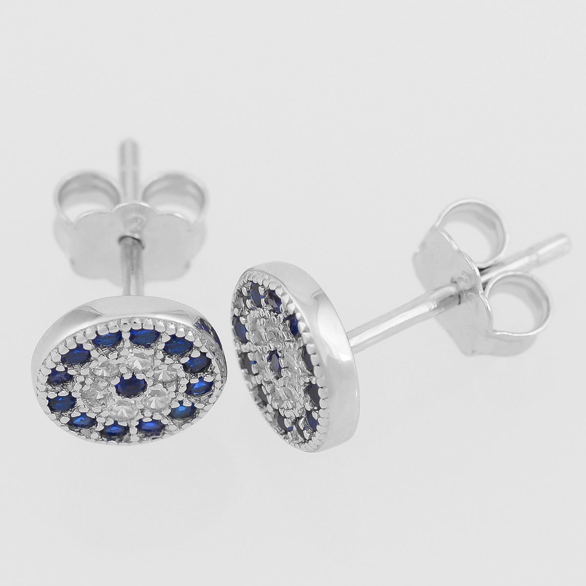 925 STERLING SILVER EVIL EYE MATI NAZAR ROUND KARMA CRYSTAL STUD EARRINGS.