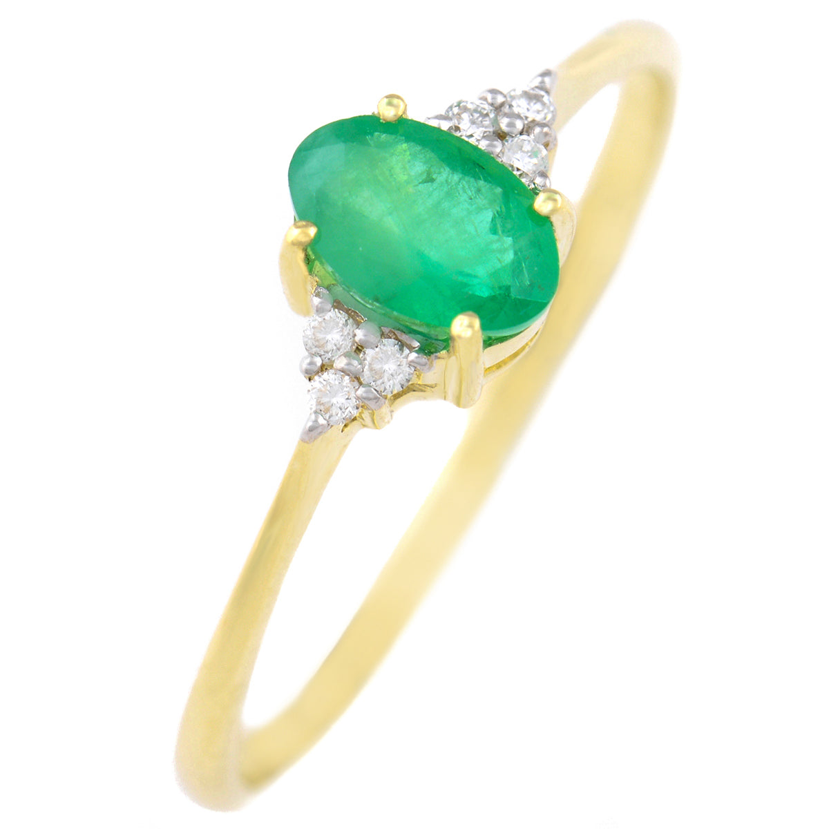 9K SOLID GOLD 0.50CT NATURAL OVAL EMERALD RING WITH 6 DIAMONDS.