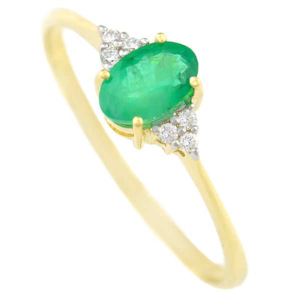 9K SOLID GOLD 0.50CT NATURAL OVAL EMERALD RING WITH 6 DIAMONDS.