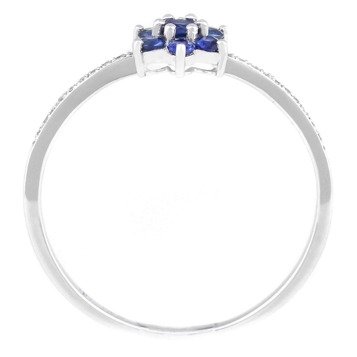9K SOLID WHITE GOLD 0.30CT NATURAL BLUE SAPPHIRE FLORAL CLUSTER RING WITH 20 DIAMONDS.