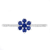 9K SOLID WHITE GOLD 0.30CT NATURAL BLUE SAPPHIRE FLORAL CLUSTER RING WITH 20 DIAMONDS.